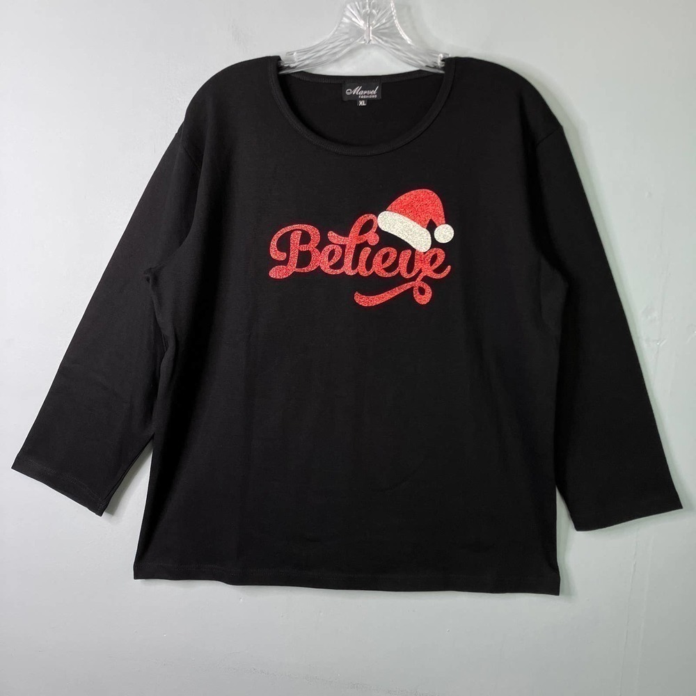 Marvel Fashions Believe Sparkle Santa Hat Christmas Graphic 3/4 Length Tee Sz XL